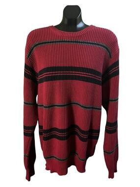 Nautica Men’s Sweater Red Black Grey Stripe Knit Crew Neck XXL